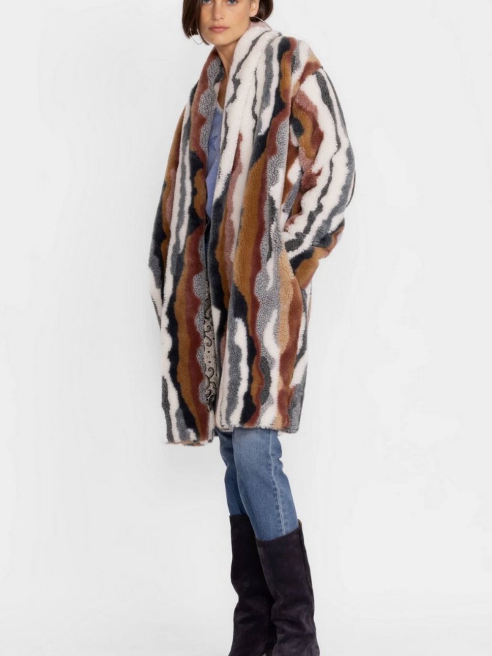 NEW Johnny Was Ziggy Faux Fur Open Front Coat Boho Chic Multi Stripe L R48023 - Picture 5 of 14